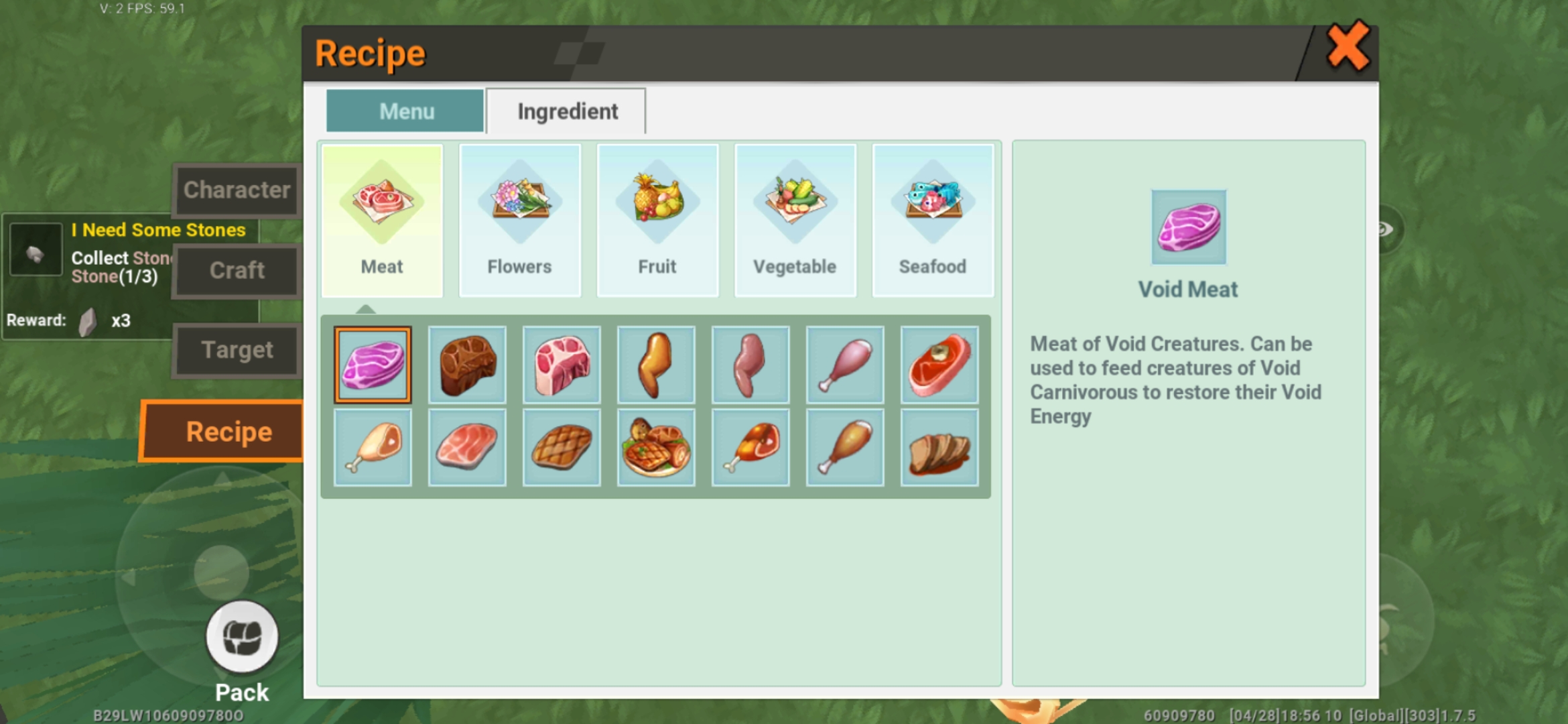 The Recipes tab and Ingredient section, viewing the Meat general ingredient.